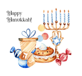 תמונת נושא של המאמר על מתנות לחנוכה לילדים בגן המציגה איור בצבעי מים עם הכתובת Happy Hanukkah המציג חנוכייה דולקת סופגנייה מתנה ממתקים ועיטור חמסה עם מגן דוד על רקע לבן.