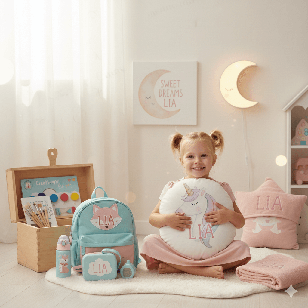 תמונת נושא של המאמר מתנה לבת 3 המציגה ילדה קטנה ומחייכת יושבת על שטיח לבן בחדר מעוצב בגוונים רכים. הילדה מחבקת כרית עגולה עם איור של חד קרן והשם ליה. מסביבה מוצרים נוספים המותאמים אישית עם השם ליה, בהם תיק גב תכלת עם איור שועל, בקבוק שתיה, קופסת אוכל וכרית ורודה בצורת כוכב. ברקע מופיעים תמונה ומנורת לילה בצורת ירח, וארגז עץ עם כלי יצירה.