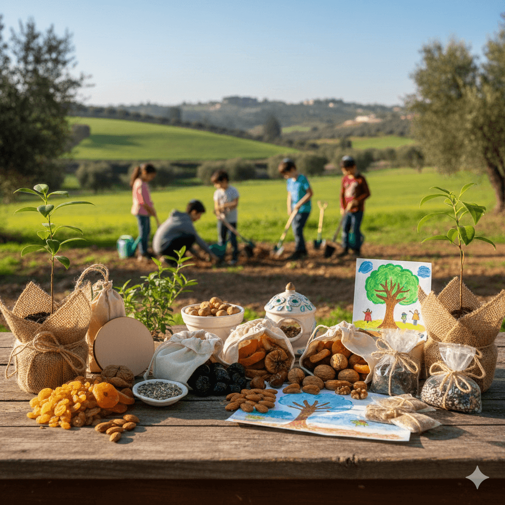 תמונת נושא של המאמ על מתנות לטו בשבט המציגה שולחן עץ בקדמת התמונה עמוס במגוון פירות יבשים אגוזים וזרעים המונחים בשקי בד וקערות קטנות לצד שתילים צעירים עטופים בבד יוטה וציורי ילדים של אילנות ברקע נראית קבוצת ילדים עוסקת בנטיעות בשטח פתוח וירוק תחת שמיים בהירים כשהם אוחזים בכלי עבודה ומטפלים באדמה ביום שמש נעים