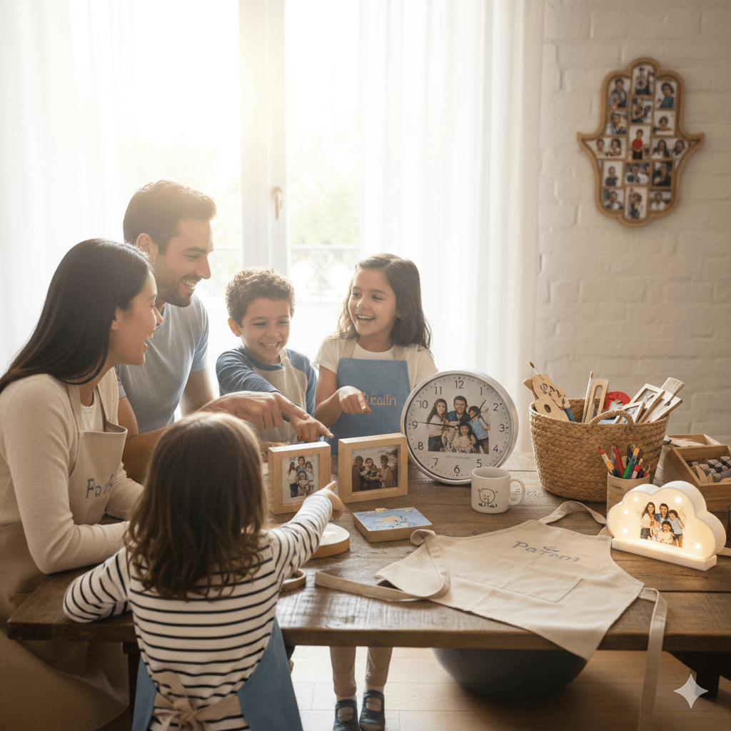 תמונת נושא של המאמר על מתנות ליום המשפחה המציגה משפחה צעירה הכוללת זוג הורים ושלושה ילדים יושבת סביב שולחן עץ בחדר מואר ושמשי. בני המשפחה מחייכים ומתבוננים יחד במגוון מוצרים בהתאמה אישית המציגים את תמונותיהם, בהם שעון קיר, מסגרות עץ קטנות, מנורת לילה בצורת ענן ולוח תמונות דקורטיבי על הקיר. הילדים והאם לובשים סינרים בהירים, ועל השולחן מונחים גם סל קש עם כלי יצירה וסינר נוסף הפרוס בחזית.