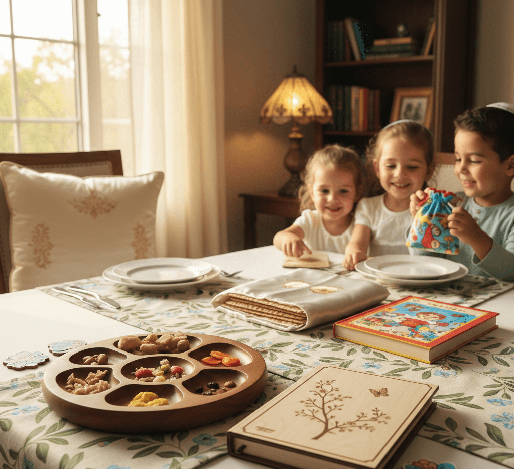 תמונת נושא של המאמר מתנות לחג פסח המציגה שלושה ילדים מחויכים היושבים סביב שולחן ערוך לפסח באווירה משפחתית. על השולחן המכוסה במפה עם עיטורי פרחים ועלים מונחת צלחת עץ מחולקת המכילה פירות יבשים ואגוזים, לצד מצות עטופות בבד, ספרי קודש מאוירים וקישוטי פרחים צבעוניים. הילדים, שתי בנות ובן החובש כיפה, נראים שמחים ומתעניינים בחפצים שעל השולחן, כאשר ברקע נראה חדר מגורים ביתי עם ספרייה ומנורת שולחן קלאסית המפיצה אור רך.