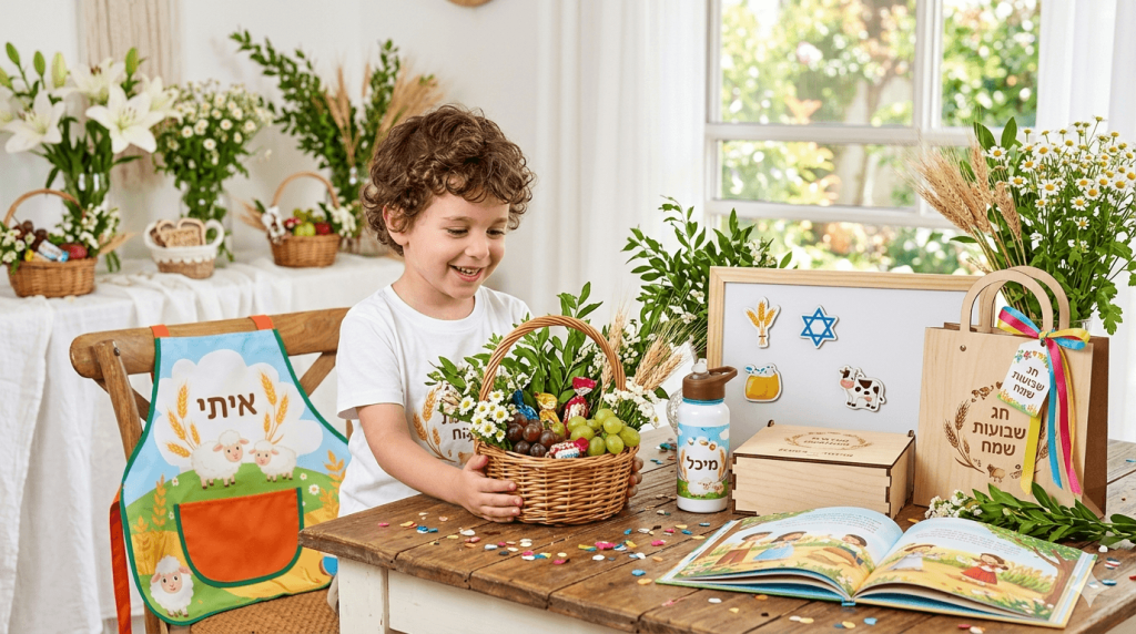 תמונת נושא של המאמר על מתנה לשבועות המציגה ילד מחייך אוחז בטנא מקושט בפירות ופרחים לחג השבועות. לצידו על שולחן עץ מוצרים בעיצוב אישי: סינר עם השם 